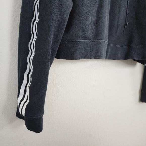 Adidas Iconic 3-Stripes Cropped Fleece Hoodie Black Oversized L Cotton - Picture 3 of 9